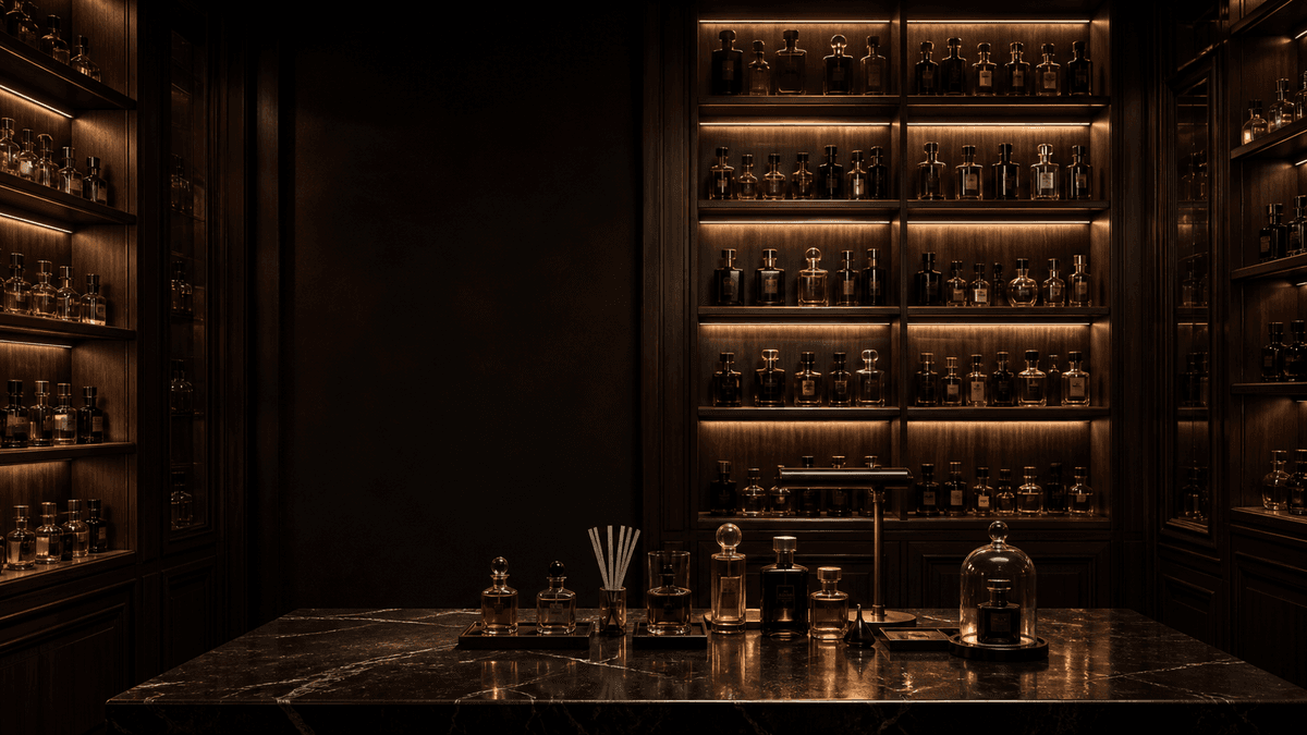 A dark walnut fragrance archive illuminated by warm shelf lighting